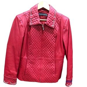 Pamela McCoy 100% Leather Quilted Red Full Zip Jacket w/ chain detail Sz M